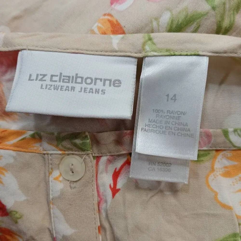 Vtg y2k Liz womens size 12 maxi dress Hawaiian floral Coastal tan green rayon